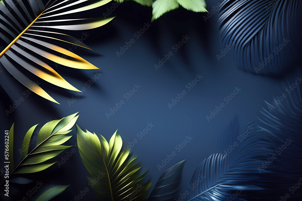 Naklejka premium Beautiful luxury dark blue textured 3D background frame with golden green and blue tropical leaves. AI generated.