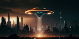 Alien spacecraft hovering above a city skyline at night Generative AI
