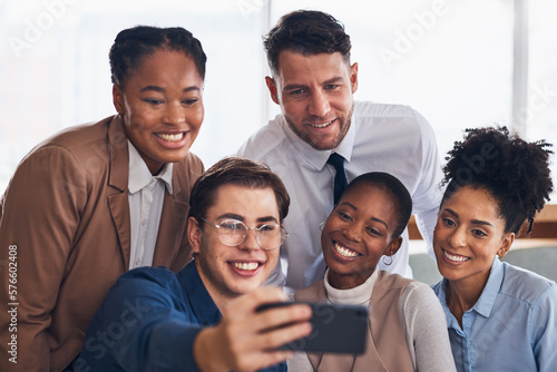 Selfie  office team and professional people in group for corporate diversity  staff photography and coworking post. Happy corporate friends  career influencer or employees in profile picture or image