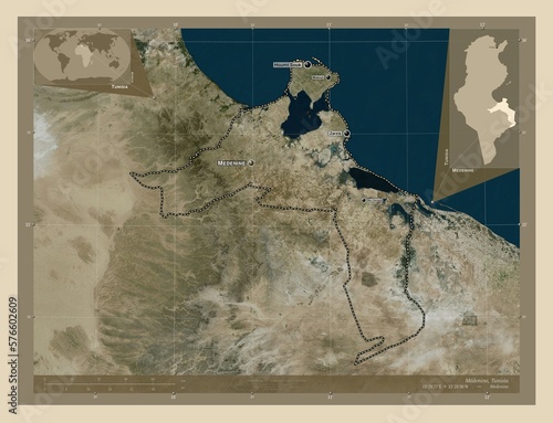 Medenine, Tunisia. High-res satellite. Labelled points of cities