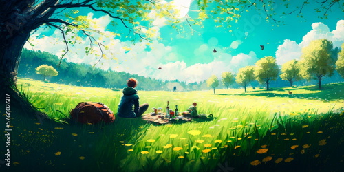 Person enjoying a picnic in a scenic spring meadow Generative AI