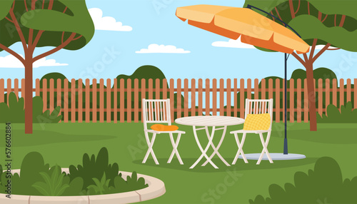 Backyard, summer terrace with chairs and an umbrella. Garden furniture for outdoor recreation. Vector illustration