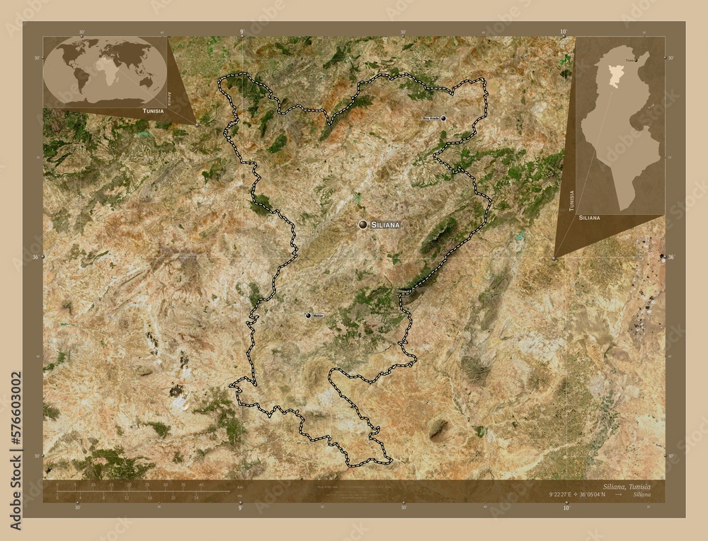 Fototapeta premium Siliana, Tunisia. Low-res satellite. Labelled points of cities