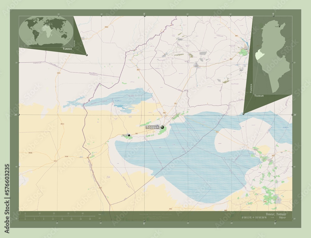 Fototapeta premium Tozeur, Tunisia. OSM. Labelled points of cities