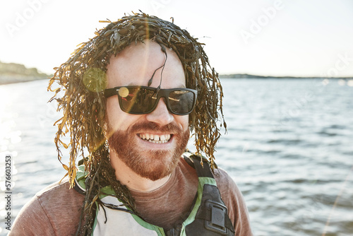 Man with seaweed wig, Portland, Maine, USA photo