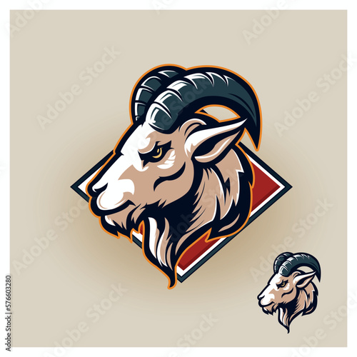 goat  Sport team mascot with angry face, large curved horns, strong aggressive mammal monster