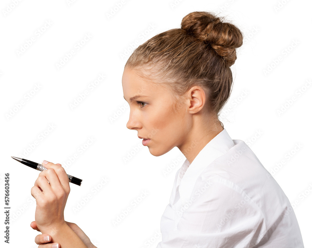Beautiful young businesswoman focusing on invisible object Beautiful young businesswoman focusing on invisible object