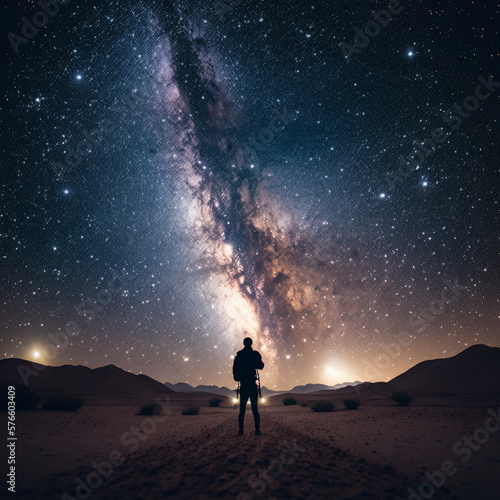 Silhouette of a man with Milky Way and mountains in the background, artistic scene