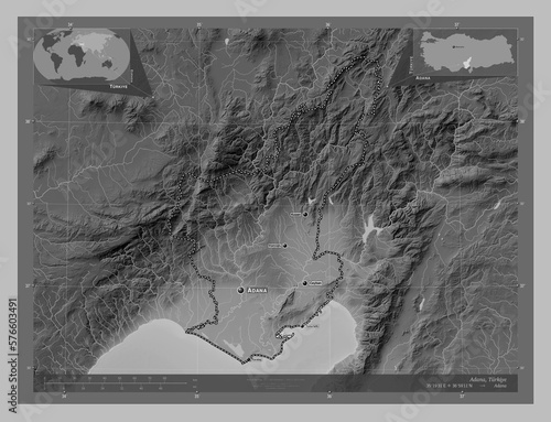 Adana, Turkiye. Grayscale. Labelled points of cities photo