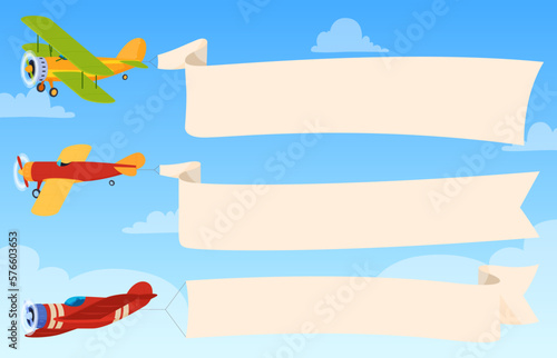 Old retro propeller planes with ribbons banners for text. Airplanes for flight in the sky among the clouds. Vector illustration