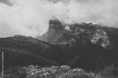 Roque de Agando in the island of La Gomera on a misty morning photo