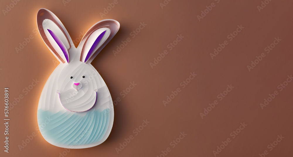 Obraz premium Happy Easter! A cute Easter bunny in the shape of an Easter egg cut out of paper / Craft / Papercut style / Brown paper neutral background / Space for text / Simple and stylish / Wallpaper Banner