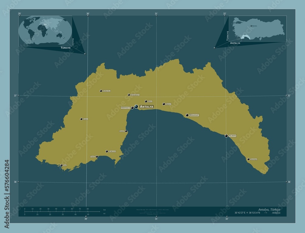 Antalya, Turkiye. Solid. Labelled points of cities