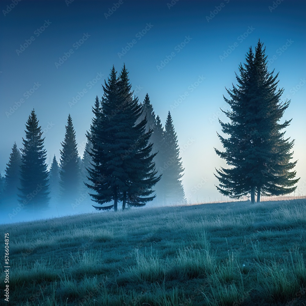 Pine trees in a winter morning. Frost and a little fog. Generative AI.