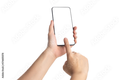 Hand holding smartphone and touch with blank screen,mockup with copy space for advertising online