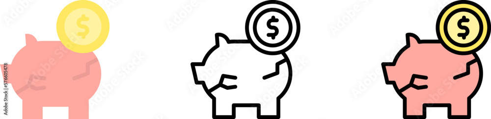 piggy bank dollar coin vector icon in different styles. Line, color, filled outline piggy bank dollar coin vector icon in different styles. Line, color, filled outline