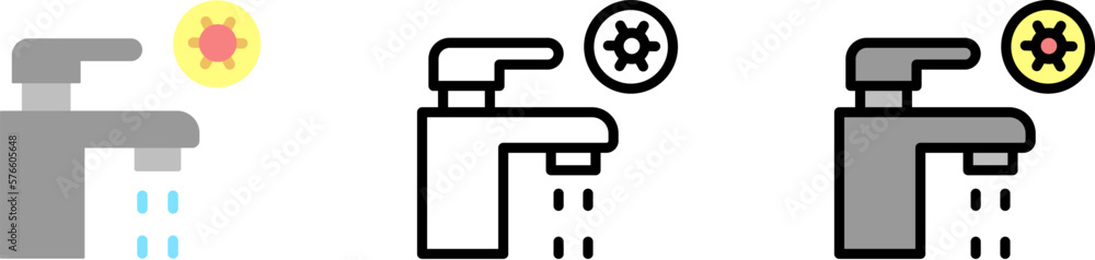 Water tap, coronavirus vector icon in different styles. Line, color, filled outline Water tap, coronavirus vector icon in different styles. Line, color, filled outline