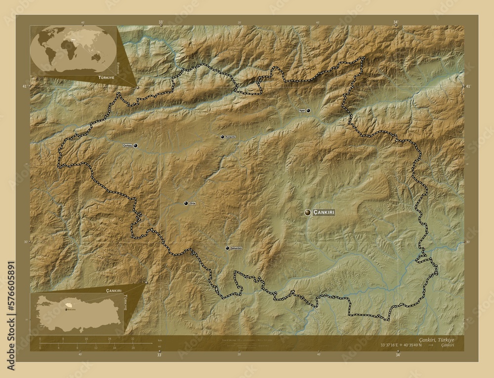 Fototapeta premium Cankiri, Turkiye. Physical. Labelled points of cities