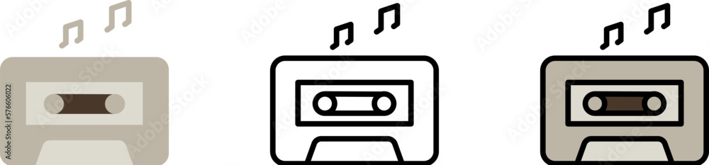Cassette, music vector icon in different styles. Line, color, filled outline Cassette, music vector icon in different styles. Line, color, filled outline