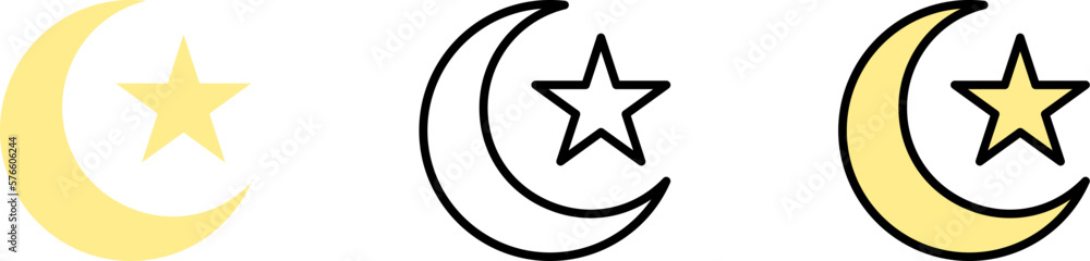 Moon star Ramadan vector icon in different styles. Line, color, filled outline Moon star Ramadan vector icon in different styles. Line, color, filled outline