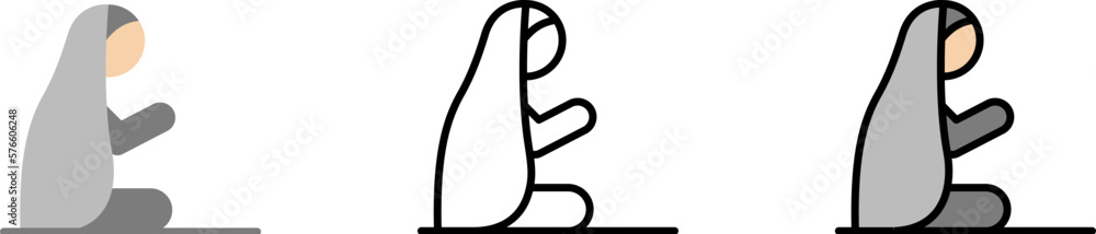Muslim woman praying vector icon in different styles. Line, color, filled outline Muslim woman praying vector icon in different styles. Line, color, filled outline