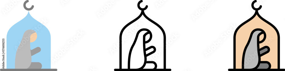 Muslim woman praying mosque vector icon in different styles. Line, color, filled outline Muslim woman praying mosque vector icon in different styles. Line, color, filled outline