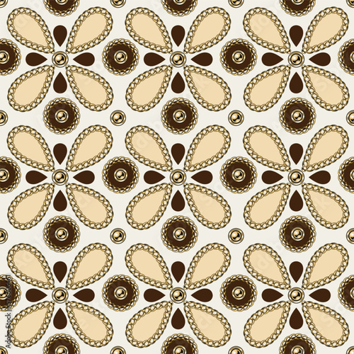 Seamless geometric pattern with abstract shapes like flower, gold chains, beads, buttons. Vector illustration in vintage style