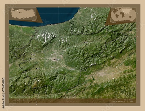 Duzce, Turkiye. Low-res satellite. Labelled points of cities