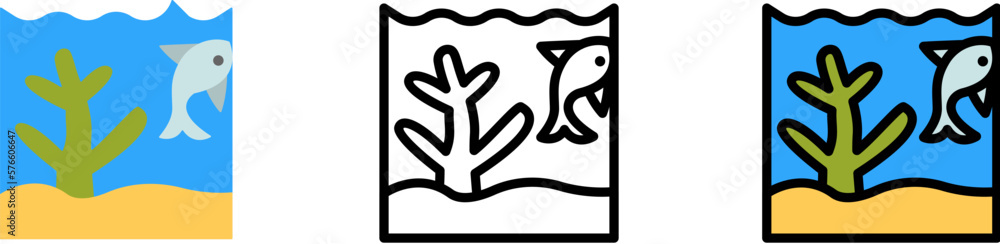 Coral, fish, ocean vector icon in different styles. Line, color, filled outline Coral, fish, ocean vector icon in different styles. Line, color, filled outline
