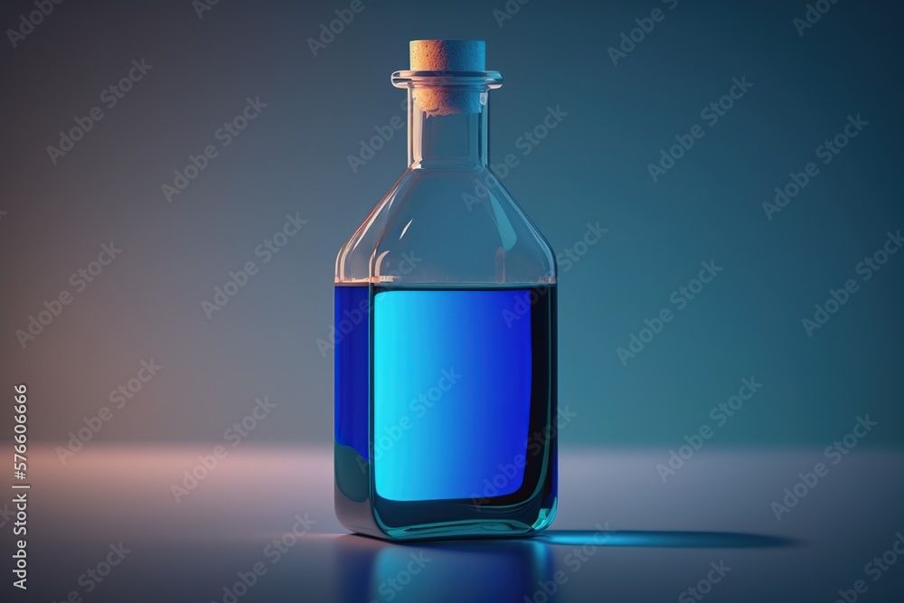 Сhemical flask with blue liquid on a blue background. Generative AI Сhemical flask with blue liquid on a blue background. Generative AI