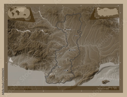 Edirne, Turkiye. Sepia. Labelled points of cities photo