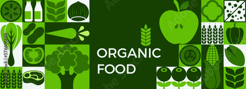 Flat-styled organic food sign. Simple shapes and figures characterize the minimalist geometry of fruits and grains. Excellent for flyer, web posters, cover designs, and presentations for natural goods