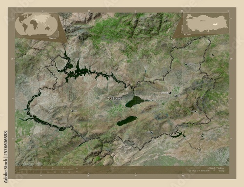 Elazg, Turkiye. High-res satellite. Labelled points of cities