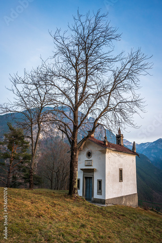 Chiusaforte and the little church of Raunis seen from above. Friuli