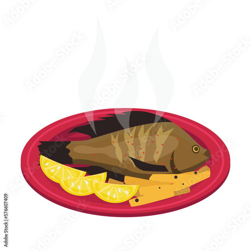 Israeli food. St. Peter's fish. Galilean tilapia. Fried fish with potatoes, vegetables and lemon. Vector graphic.