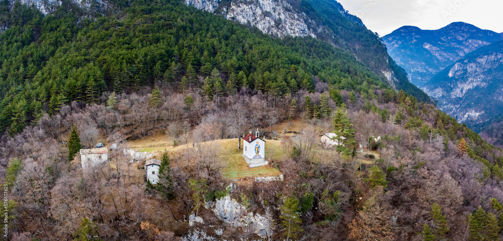 Chiusaforte and the little church of Raunis seen from above. Friuli