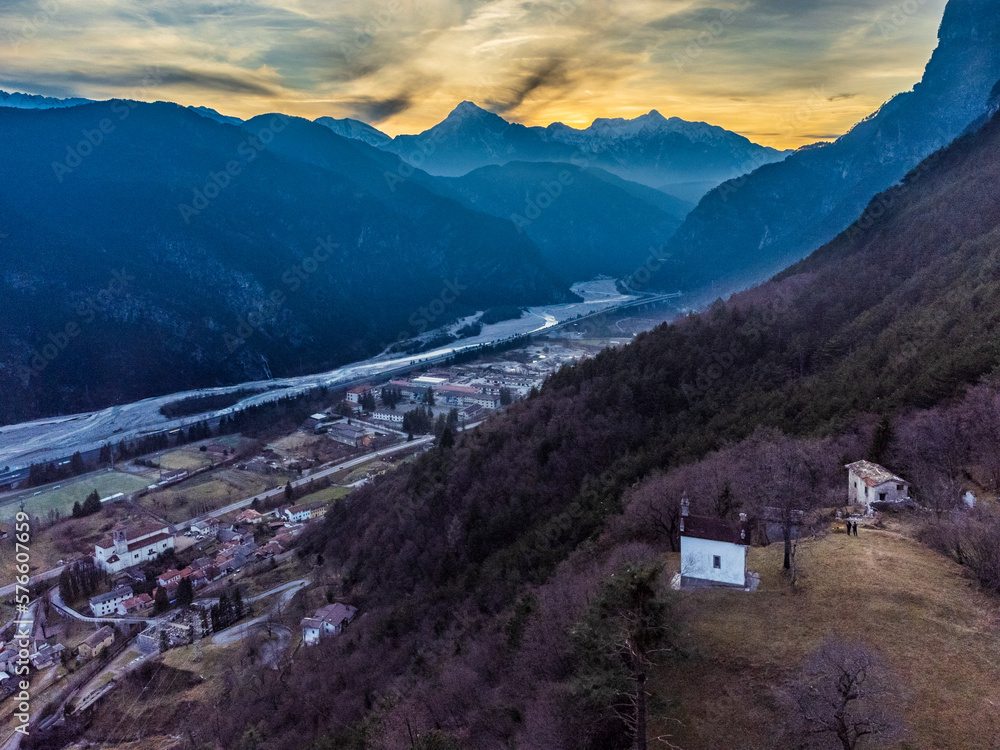 Chiusaforte and the little church of Raunis seen from above. Friuli Chiusaforte and the little church of Raunis seen from above. Friuli