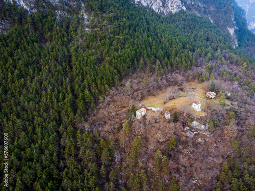 Chiusaforte and the little church of Raunis seen from above. Friuli photo