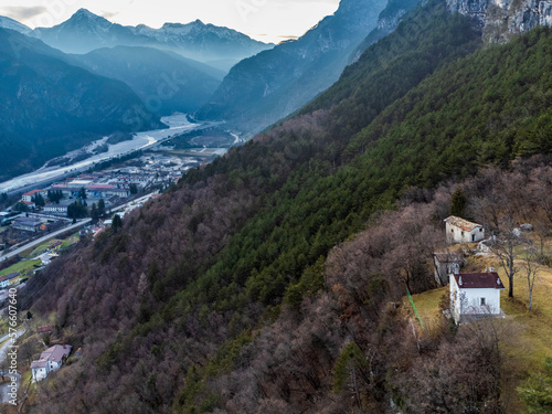 Chiusaforte and the little church of Raunis seen from above. Friuli photo