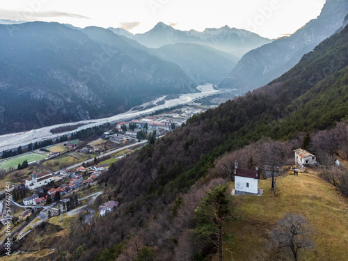 Chiusaforte and the little church of Raunis seen from above. Friuli photo