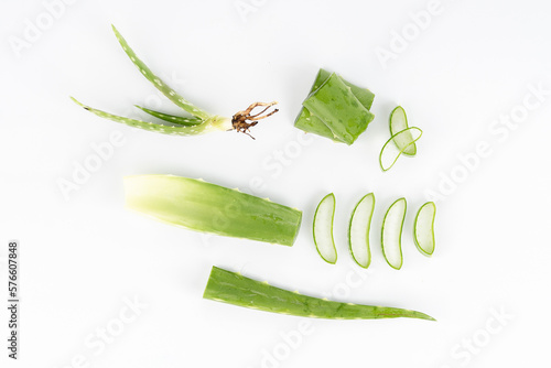 Fresh aloe vera leaves and slices isolate against white background for health and beauty products.