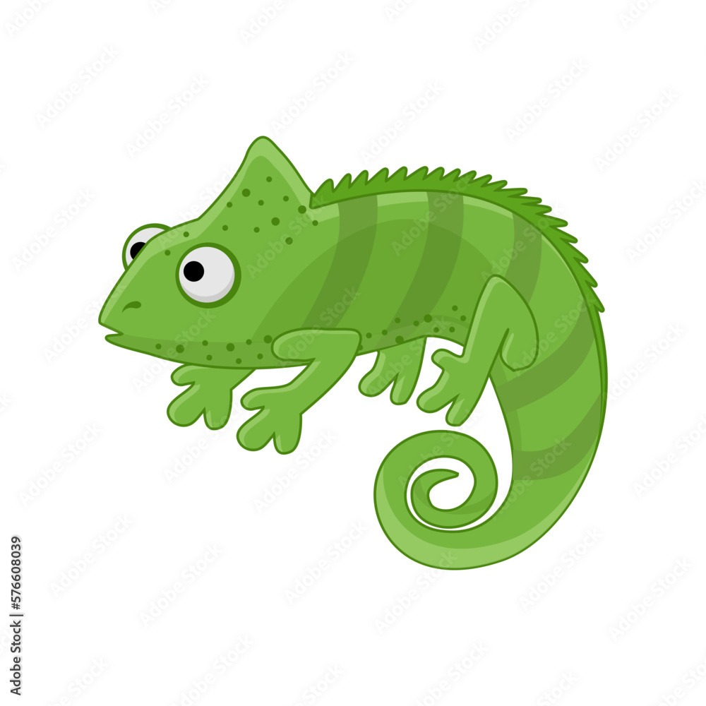 A cartoon vector illustration of a cute green chameleon lizard