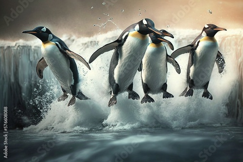 Wild Penguins Jumping Along Rocky Coastline by the Cold Ocean
