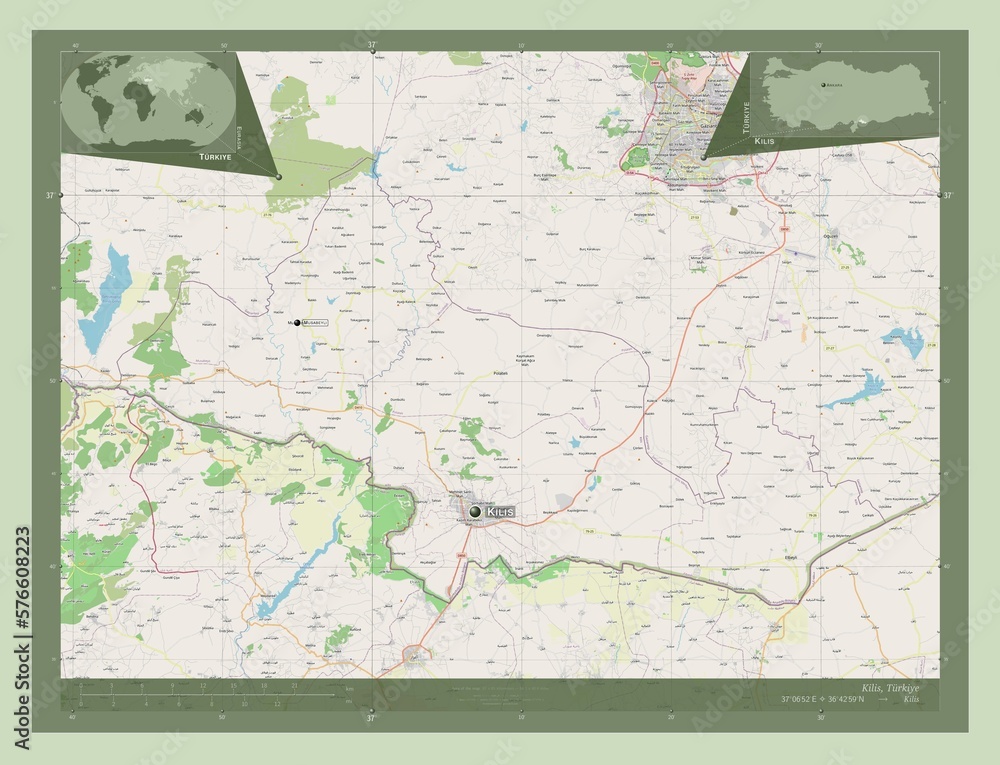 Fototapeta premium Kilis, Turkiye. OSM. Labelled points of cities