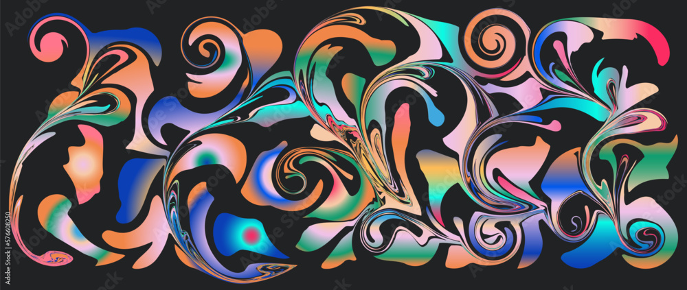 Vector gradient pattern composition Y2K aesthetic oblong fluid organic liquid shapes banner. Experimental color palette. Bad taste antidesign background. Futuristic elements. Vibrant colorful design