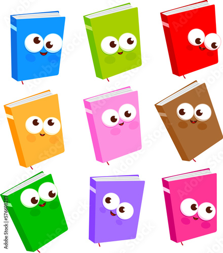 Cartoon book characters collection for reading, pile of textbooks for education. Vector illustration set