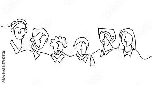 Hand drawing one continuous single line of six group of people isolated on white background.