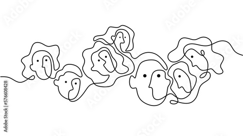 Hand drawing one continuous single line of abstract face group people isolated on white background.