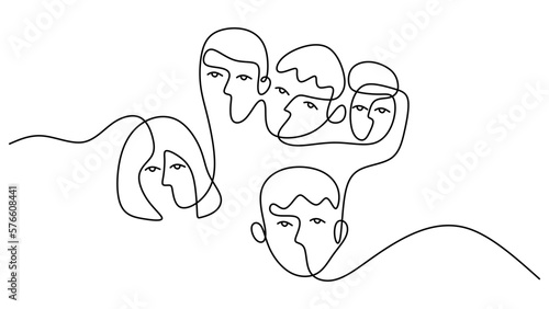 Hand drawing one continuous single line of five abstract faces group people isolated on white background.