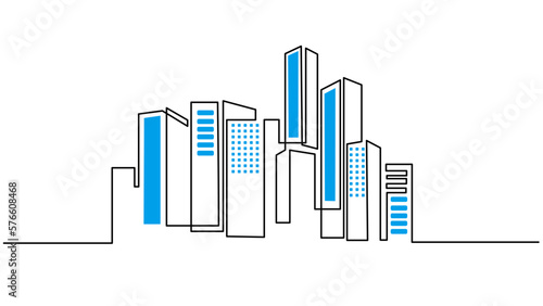 Hand drawing one continuous single line of modern city building isolated on white background.